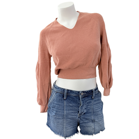 Express Tops - Express Oversized balloon sleeve v-neck ribbed knit cropped top streetwear fashi